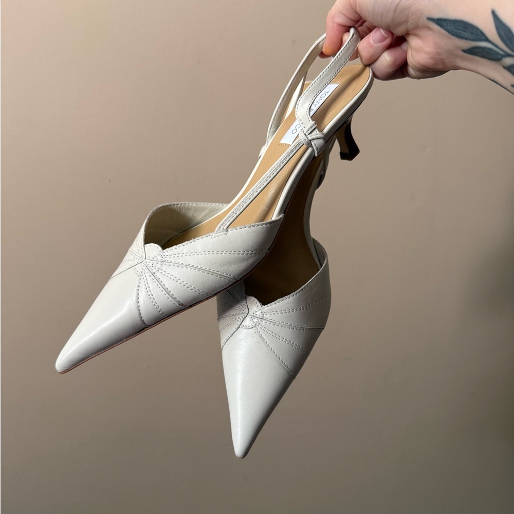 Tony Bianco White Pointed Slingback Kitten Heels